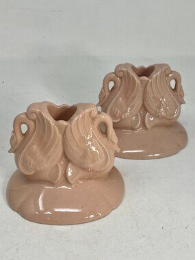 2 Vintage Chadwick China Swans [415] Taper Candle Stick Holders Pink Dusty Rose